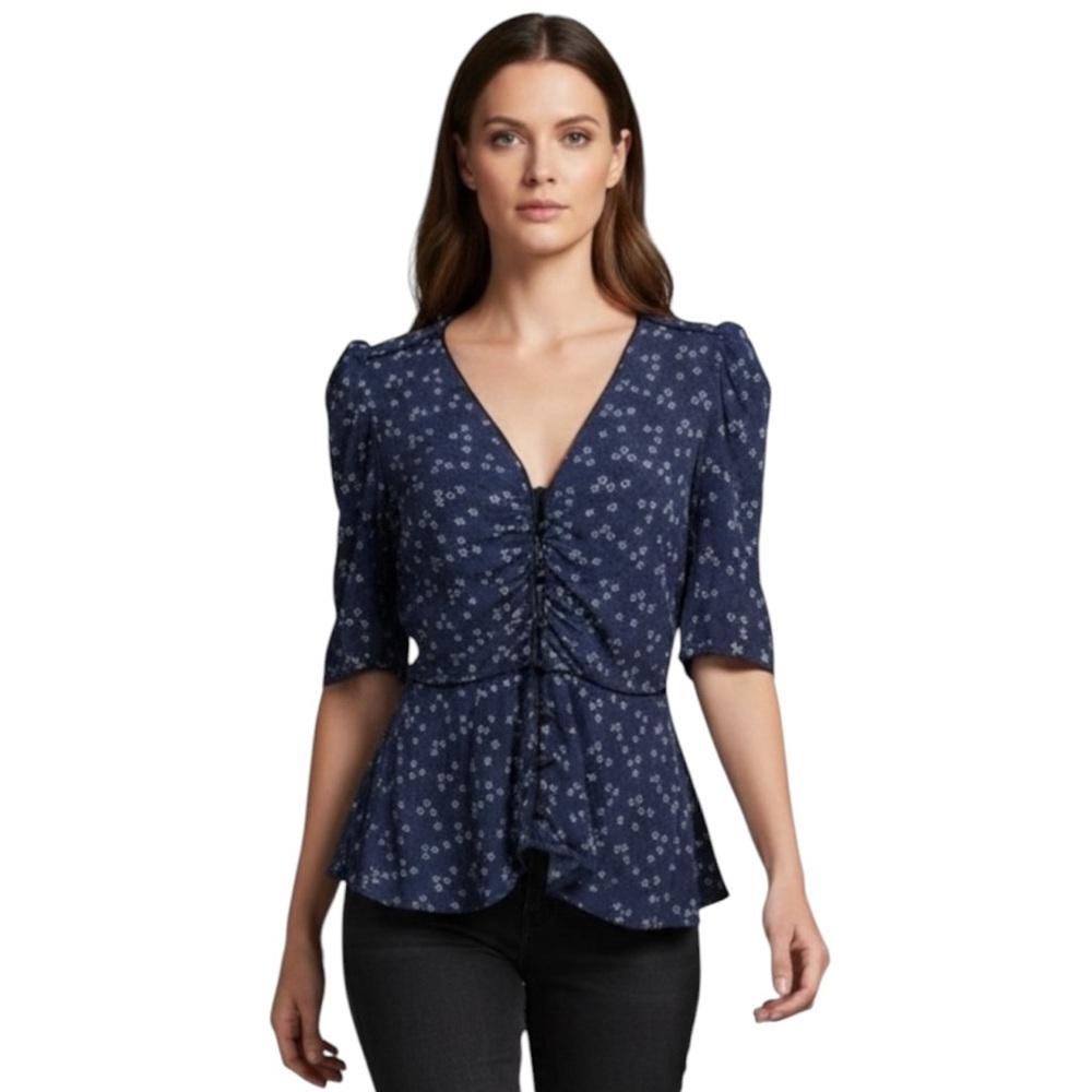 Veronica Beard Hayden Blue Floral Peplum Ruched Blouse Size 0
